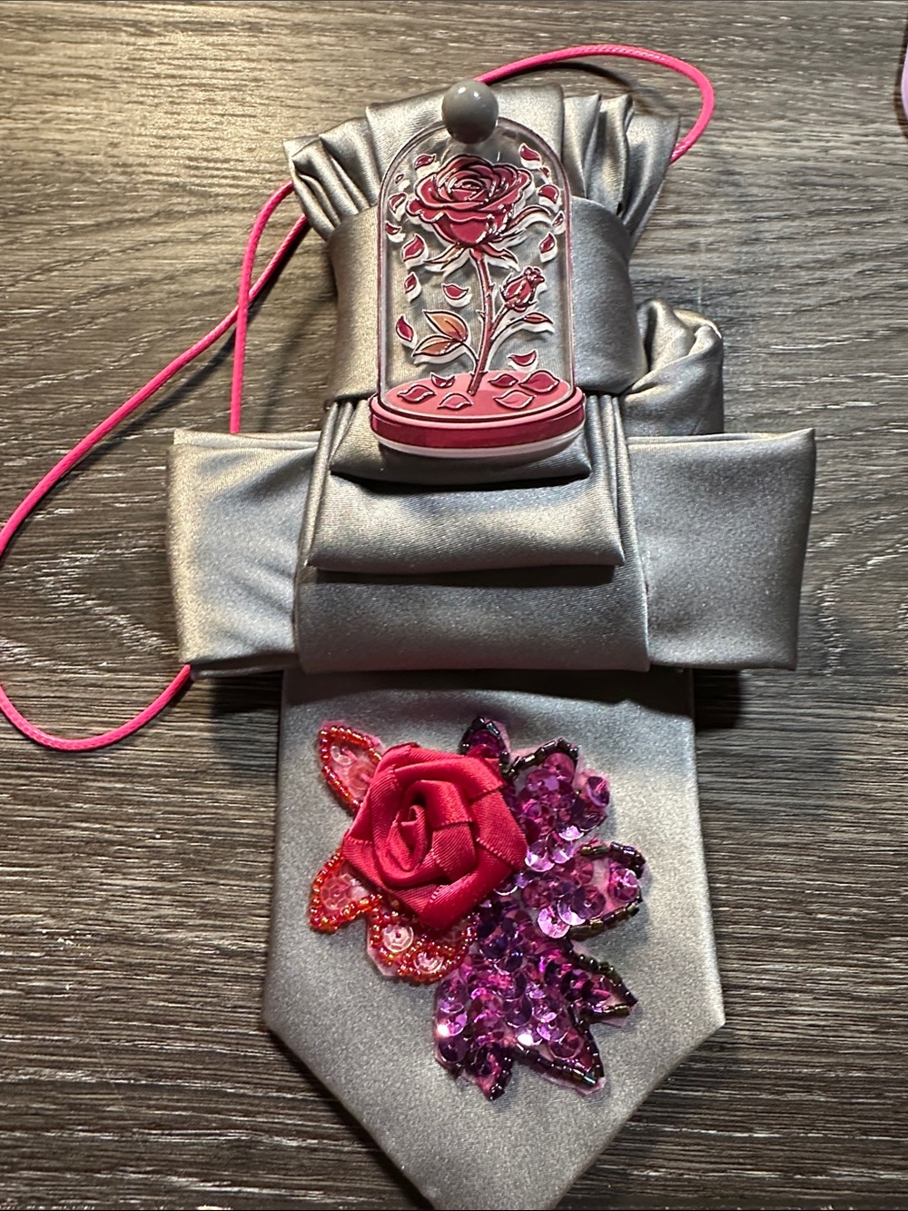 Pronto Uomo Silver Necklace Tie with Pink Rose Appliqué